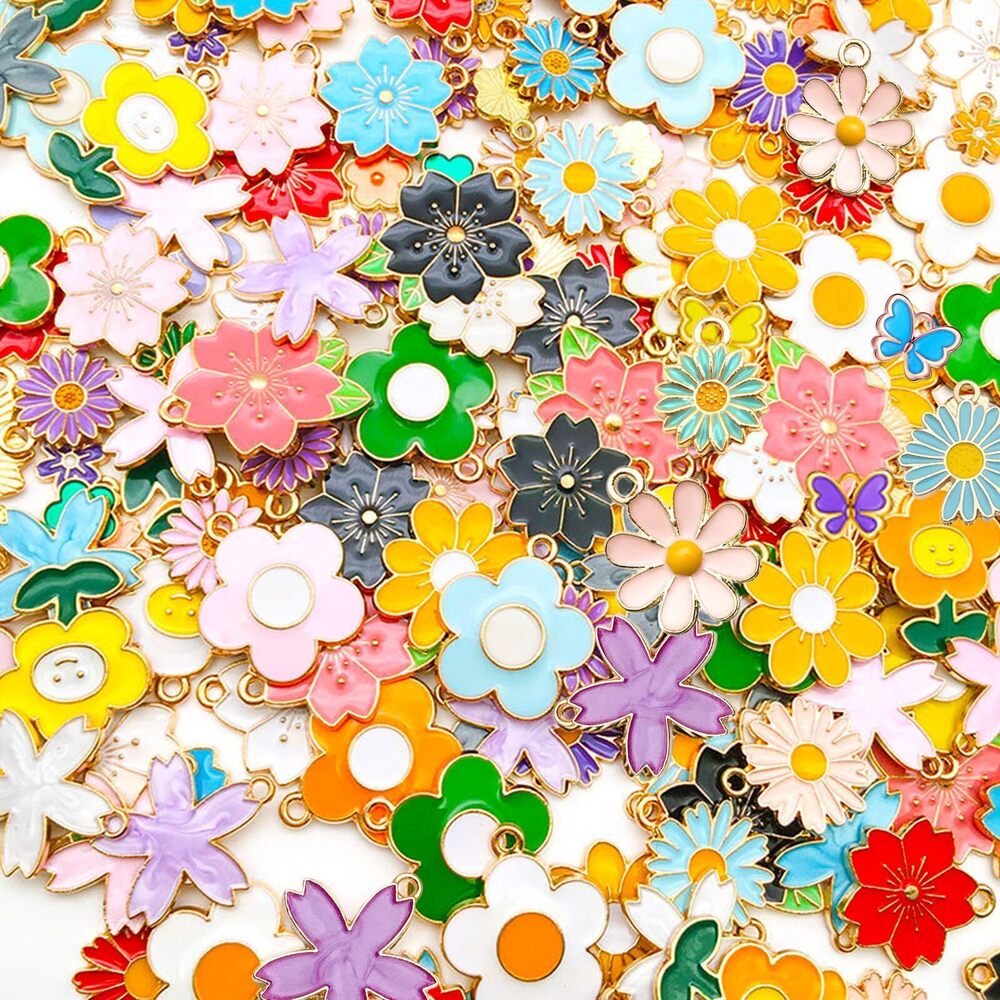 5116 150Pcs Spring Summer Floral Themed Charms Assorted Enamel Flower